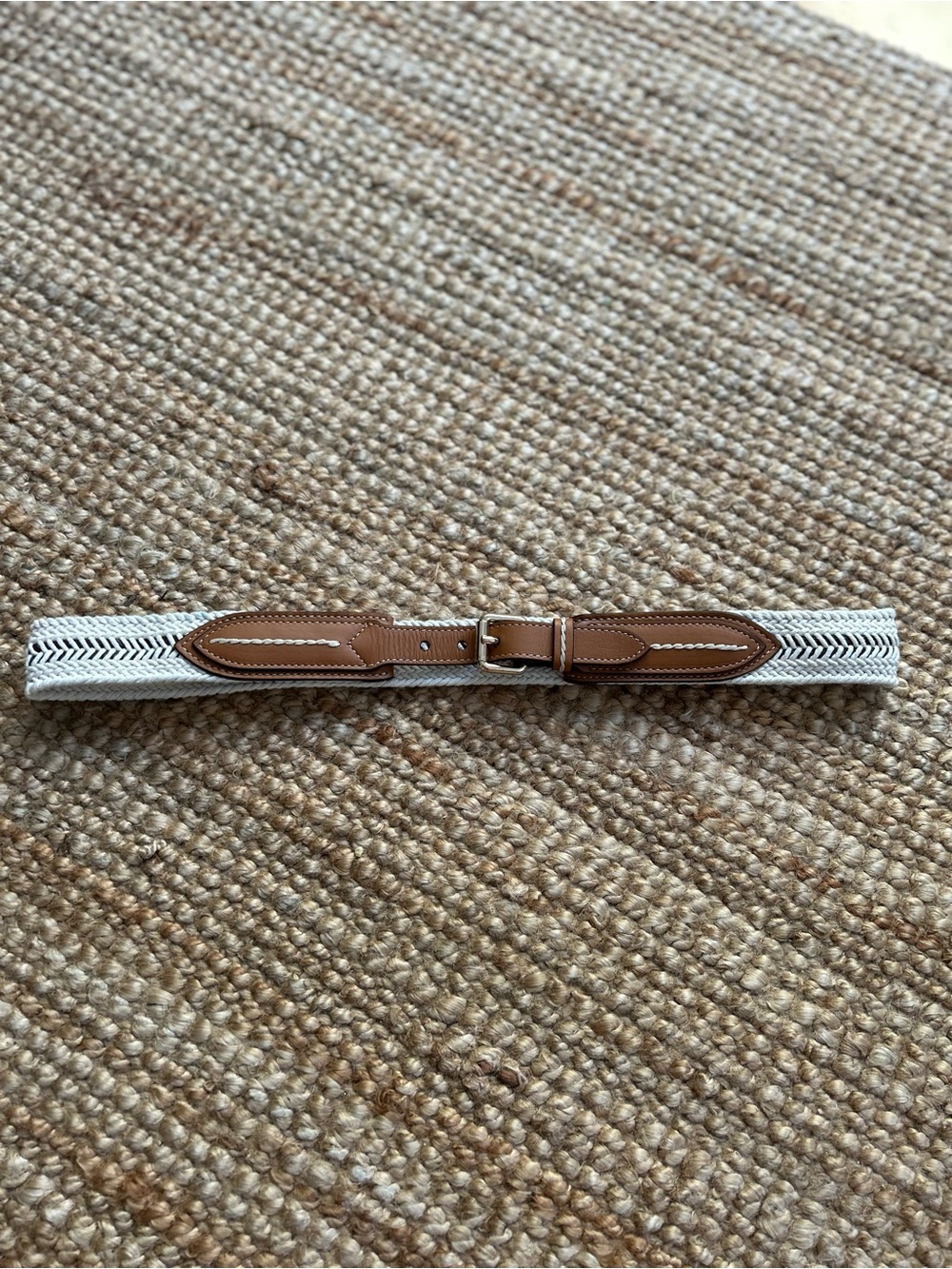 Burberry White Woven Belt with Brown Leather Trim and Gold Buckle